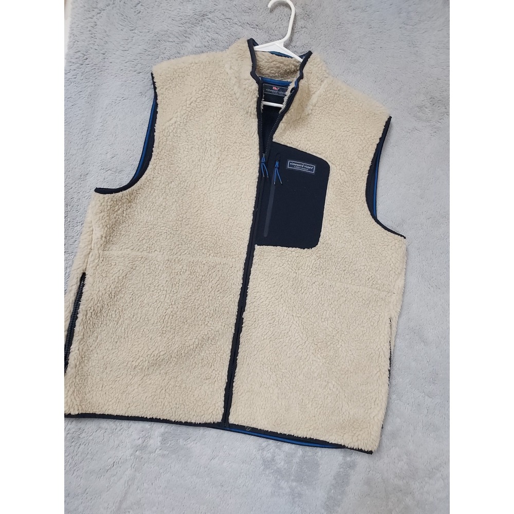 Vineyard Vines Jacket Mens XXL Fleece Sherpa Full Zip Vest Cream Preppy Pocket